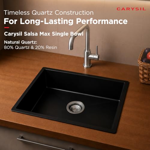 Image of Carysil SALSA MAX Quartz Kitchen Sink 21 x 18 x 8 inches, Single Bowl, 80% Quartz & 20% Resin, Heat Resistant 300C, 50kg Load, Scratch & Stain Resistant, Granite Sink, 304 SS Coupling - Nera