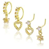 4 Piezas Piercing Nariz Acero Quirúrgico 20G Hipoalergénico Forma De L Con Corazón Flor Cristal CZ De Alta Calidad Ideal Para Uso Diario Mujeres Hombres Oro