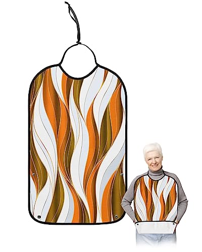 Geometric Orange Adult Bib for Eating with Crumb Catcher,Washable & Waterproof Terry Cloth Adjustable Elderly Women Men Adult Bibs Funny Apron Clothing Protector Modern Abstract Brown White Stripes