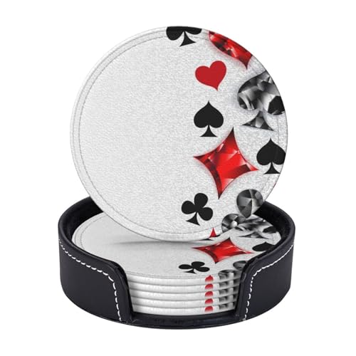 Polygonal playing cards Print Leather Coasters Set Of 6 With Holder Drink Coasters Non-Slip Cup Mat For Home Office Kitchen
