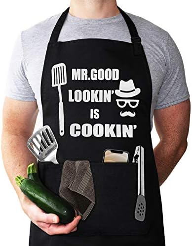 Funny Chef Apron , Mr. Good Lookin’ is Cookin’ Apron, BBQ Grill Apron, Mens apron, 2 Utility Pockets, Adjustable Neck and Extra Long Waist Ties. Best for Cooking, Grilling, Mens gifts for brithday.