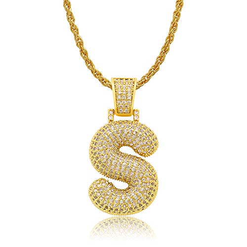 LuReen CZ Diamond Bubble Letters Pendant with 24" Rope Chain Necklace for Men