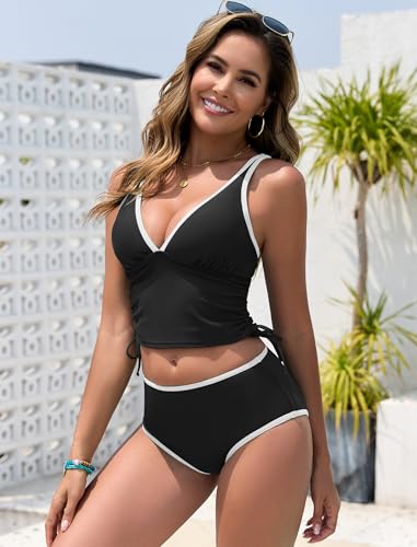 ZAFUL Womens Tankini Swimsuits Tummy Control Bathing Suits 2025 Two Piece Color Block Swim Suit with High Waisted Bottom2