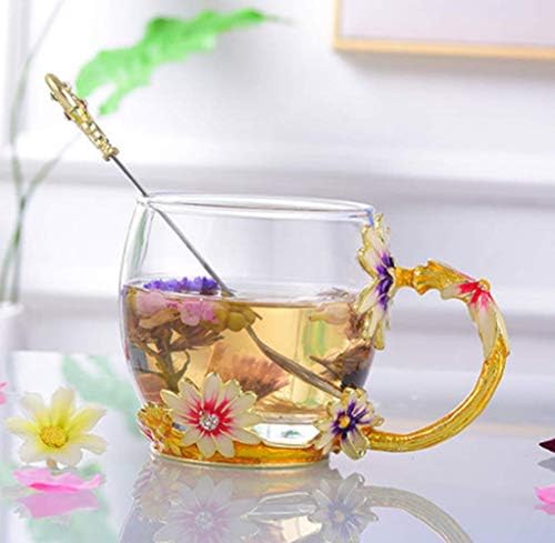 Flower Tea Cup, Handmade Glass Enamel Coffee Mugs with Spoon Enamel Glass Mug for Women Birthday Valentines Wedding