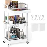 LLMRR 3 Tier Rolling Utility Cart with Drawer, Plastic Storage Organizer Rolling Carts with Wheels Handles Hanging Cups Hooks for Office, Bathroom, Kitchen,Craft Art Room (White)