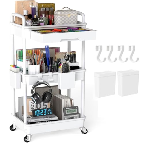 LLMRR 3 Tier Rolling Utility Cart with Drawer, Plastic Storage Organizer Rolling Carts with Wheels Handles Hanging Cups Hooks for Office, Bathroom, Kitchen,Craft Art Room (White)