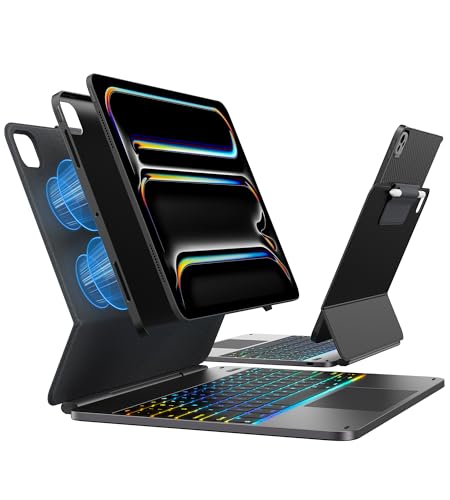 EDGE+ スペースブラックキーボード カーボンファイバーブラックバックケース iPad Pro 13インチ 2024 M4トラックパッド用 取り外し可能なスリムカバー ペンシルホルダー付き マグネットスタンド 11色バックライト KB206130PE