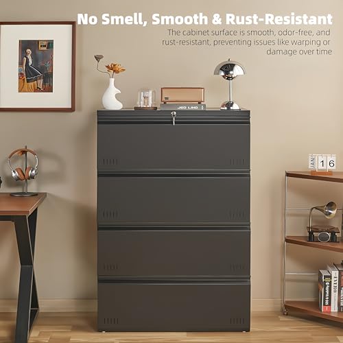 Image of Guizeeopo Metal File Cabinet with Lock, 4 Drawer Lateral File Cabinets for Home Office, Heavy Duty Office Storage Cabinet for A4 /Letter /Legal Size, Assembly Required(Black)