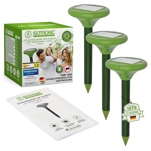 ISOTRONIC Solar LED Maulwurfabwehr Vibrasonic mit Vibrationsmotor | 3er Set solarbetrieben Wühlmausfrei Wühlmausschreck Wühlmausvertreiber Maulwurfschreck Schlangenabwehr | ohne Buttersäure