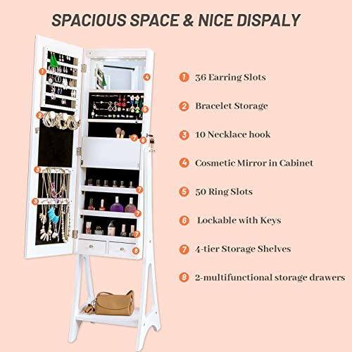 KEDLAN-Standing-LED-Mirror-Jewelry-Armoire-Lockable-Jewelry-Organizer-Large-Full-Length-Jewelry-Cabinet-with-Drawers-Exclusive-Dressing-Jewelry-Organizer-White