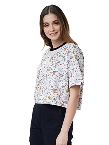 Image of The Souled Store| Official Looney Tunes: Doodle Pattern Women and Girls T-Shirts|Half Sleeve|Loose fit Graphic Printed|100% Cotton White Color Women Oversized Cropped T-Shirts
