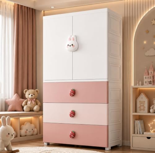 Image of HIWARE Premium Modular Wardrobe for Bedroom, Kids Room and Home | Spacious Clothes Storage Cabinet with Drawers and Shelves | Modern Stylish Design, Heavy Duty, Multiuse Organizer- SJ6514-PINK Rabbit