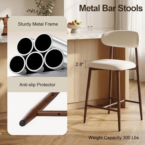 Butacos de altura para mostrador UVV, juego de 2 unidades, butacos tapizados modernos con patas de metal para isla de cocina y comedor (asiento beige / patas de metal con grano de nogal) miniatura 4