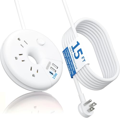 i-Donut Extension Cord 15FT, NTONPOWER Long Extension Cord with 3 USB Ports(1 USB C), 3 Outlets, Flat Plug, Switch, Travel Power Strip for Home, Office, Dresser, Dorm Room, White