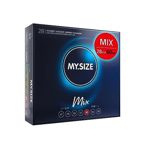 MY.SIZE Mix Premium Kondome Größe 5, 60 mm – 28 Stück | 4 Varianten: Classic, Genoppt, Blau & Rot | Großpackung