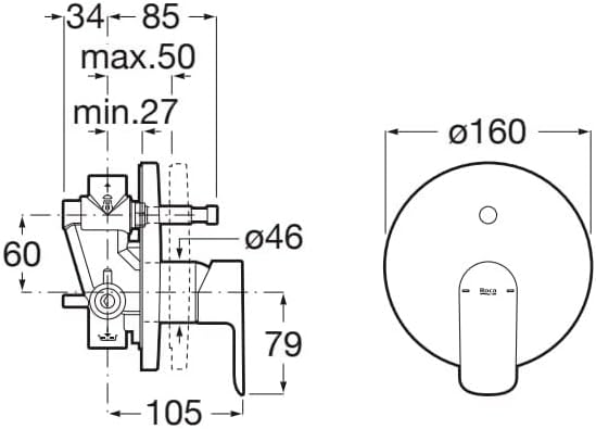Technical drawing with dimensions for Roca A5A066ENB0 mixer installation