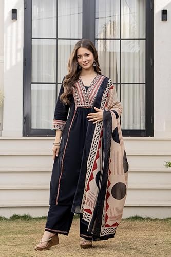 Image of MEERA FAB Women Floral Printed Pure Cotton Straignt V-Neck Kurta with Trousers & Dupatta