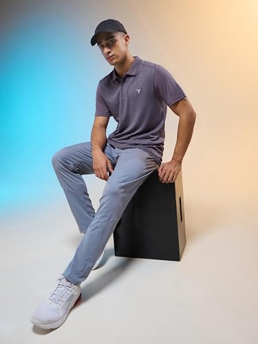 Image of TECHNOSPORT Men Polyester Self Design Polo Neck Half Sleeve T-Shirt with UPF50+, Double Cool for Gym, Sports and Regular Use