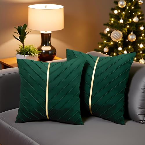 Image of Velvet Throw Pillow Covers 26x26 Pack of 2 Gold Decor Dark Green