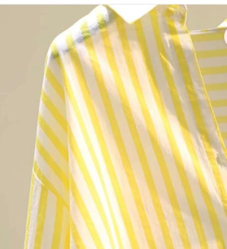 Image of Women's Yellow & White Striped Oversized Cotton Shirt | Casual Long Sleeve Collared Button-Down Top, Premium Fabric