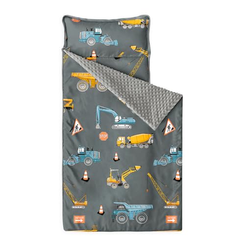 Image of Wake In Cloud - Toddler Nap Mat with Pillow and Minky Fleece Blanket, for Kids Boys Ages 3 Plus in Daycare Preschool Kindergarten, Roll Up Sleeping Bag, Construction Trucks