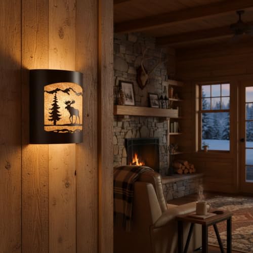 Image of Rustic Moose and Pine Tree Wall Sconce | Lodge Cabin Decor, Woodland Nature Design, Light Fixture