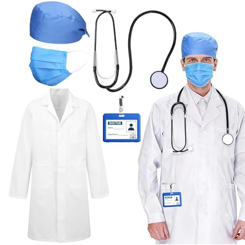 RAOPNHS Arzt Kostüm Herren Damen Set 6 Stück mit Stethoskop + Kartenetui + Mütze + Maske + Weißer Kittel + Karte Arztkostüm Karneval Kostüm Herren für Fasching Karneval Mottoparty Halloween Party