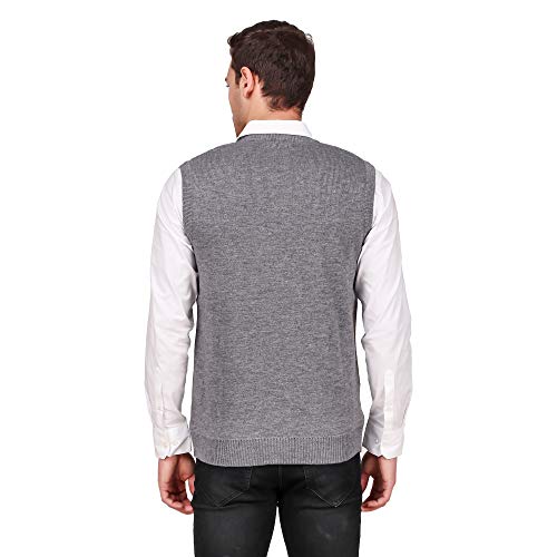 Image of Men's Wool Blend V-Neck Self Design Solid Sleeveless Sweater Grey