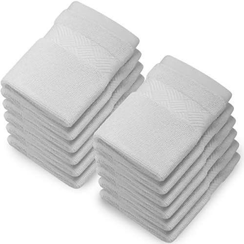 Alibi Washcloth Face & Body Towel Set | 12 Pack of Soft & Absorbent 13”x13” Luxury Cotton Small Towels | Thick, Plush, Decorative Stripe, Woven Border & Machine Wash for Home Bath, Hotel & Spa | White