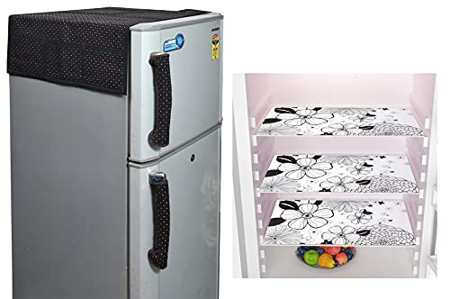 Image of Yellow Weaves Combo of Exclusive Decorative 1 Fridge Top Cover, 2 Handle Covers + 3 Fridge Mats (Black & White, 6 Piece set)