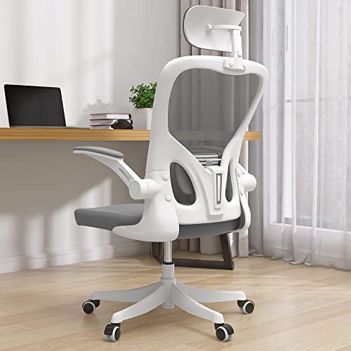 Monhey Office Chair - Ergonomic Office Chair with Lumbar Support & 3D Headrest & Flip Up Arms Home Office Desk Chairs Rockable Swivel High Back Computer Chair White Frame Grey Mesh Study Chair
