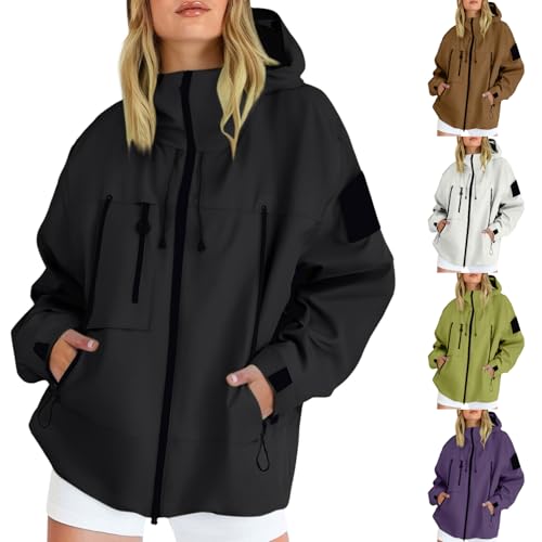 goeamcru Waterproof Jackets Women，Lightweight Hooded Rain Coats for Women Windbreaker Waterproof Active Outdoor Trench Coats Zipper Quick Dry Rain Jacket for Hiking Walking Cycling Black