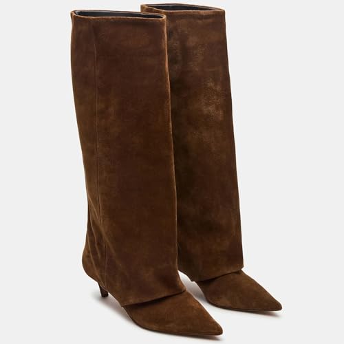 Brown Suede Knee High Boots for Women Comfortable Pull on Pointed Toe 2 Inch Kitten Heel Fold Over Boots.2