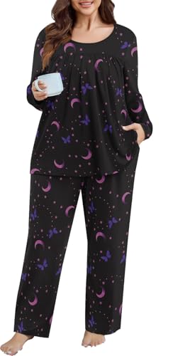 POSESHE Women’s Plus Size Pajama Sets Long Sleeve 2 Piece Crew Neck Lounge Sleepwear Ladies Cute Pjs Sets with Pockets 20253