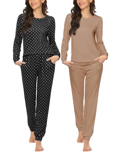 Image of Ekouaer 2 Pack Pajama Sets for Women,Long Sleeve Top With Jogger Pants Lounge Set Sleepwear with Pockets
