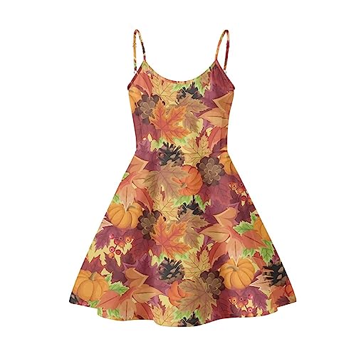 Image of Pumpkin Maple Leaf Dress Womens Happy Fall Autumn Thanksgiving Spaghetti Strap Dress Midi Flowy Backless Sun Dress for Holiday Party A Line Ruched Sundress with Adjsutable Shoulder Strap