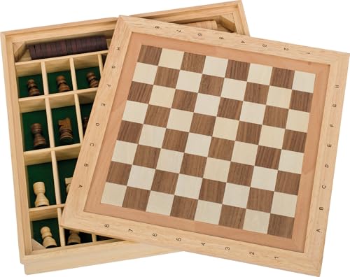 goki 56953 Spiele-Set Schach, Dame und Mühle, Holz, 34 x 34 x 5 cm, Gesellschaftsspiel Strategiespiel ab 7 Jahren