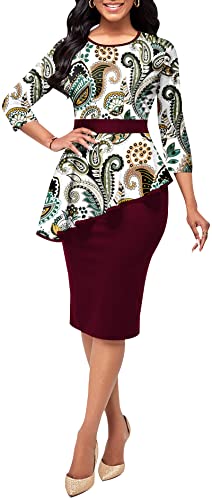 Bttup Womens African Tribal Print Pleated 3/4 Sleeve Dress Crew Neck Peplum Wear To Work Bodycon Dresses #TOP20