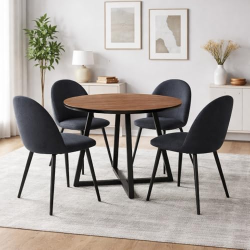 Image of 35 inch Round Dining Table Set with 4 Upholstered Fabric Chairs, Modern Wood Top Kitchen & Dining Room Table Set, Black Metal Legs for Apartment - Black