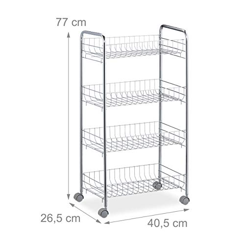 Relaxdays Scaffale in Metallo Carrello da Cucina, Ripiani, Portavivande, 4 Ruote, Multiuso, Bagno & Ufficio,Salvaspazio,77x40,5x26,5, Acciaio, plastica, Argento/Grigio