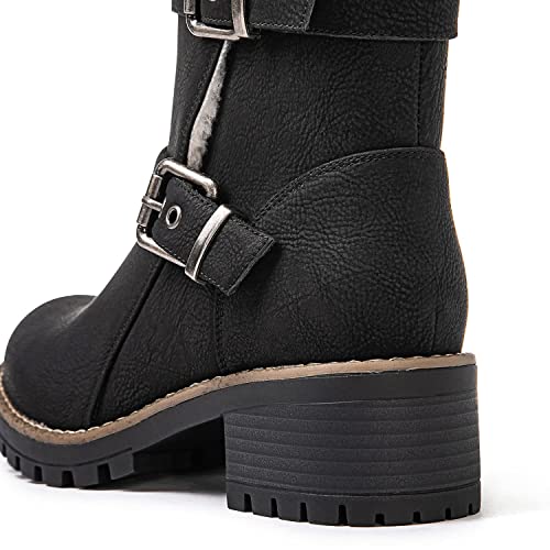Image of GLOBALWIN Women's Ankle Boots For Women Faux Fur Lined Winter Moto Boots Ankle Booties With Adjustable Double Buckles