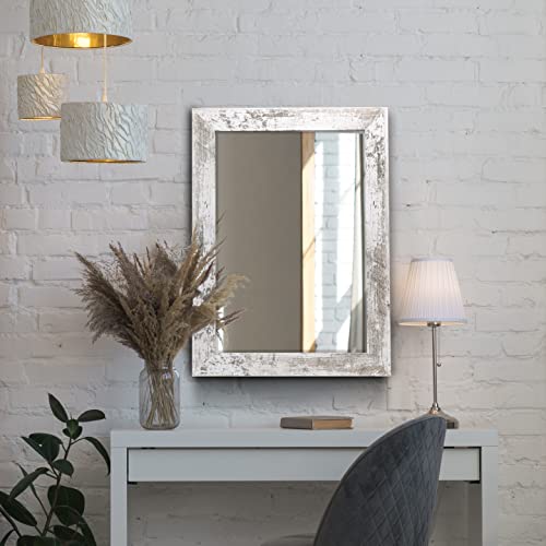 Image of Syndra Rectangular Mirror with Frame Rustic 20x28'' Wall Mounted Rustic Vanity Mirror with Large Wood Frame Farmhouse Bathroom Mirror, for Bedroom, Living Room, Entryway Wall Decor(White)