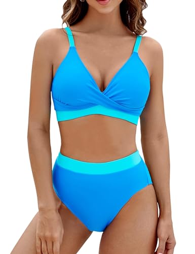MAIABLEAU Women Two Piece High Waisted Bikini Swimsuits with Bottoms Teen V Neck Sport Bathing Suits Blue M