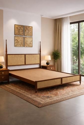 Image of JANGHU FURNITUREWALA Wooden /Rattan /Cane /Poster Queen Size Bed Without Storage -Sheesham Wood -King Cot -Palang -Bed Stylish Bedroom Furniture /Hotel Furniture(Ciao Bella, Honey Finish) Rattan /Cane Bed