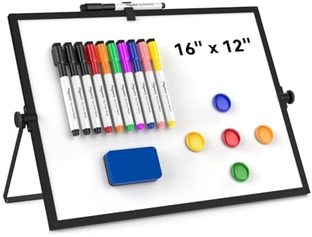 Dry Erase White Board, Cazeyoo Magnetic Desktop Whiteboard 16 x 12inch with Stand, 10 Markers, 4 Magnets and 1 Eraser, Portable Double-Sided White Board for Kids Drawing, Office, Home, School – Black