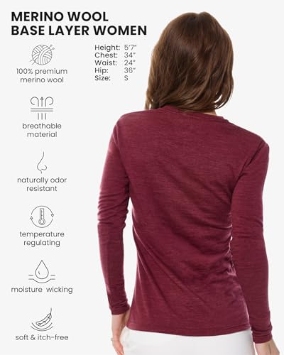 Image of Merino Wool Base Layer Women - 100% Merino Wool Shirt Women Thermal Underwear Long Sleeve T-Shirt for Hiking