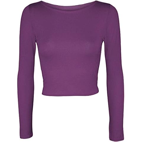 New Womens Crop Long Sleeve Cropped Crop Top T Shirt Ladies Short Plain Round Neck Top 8 - 14 (M/L (UK 12 - 14), PURPLE) Cover