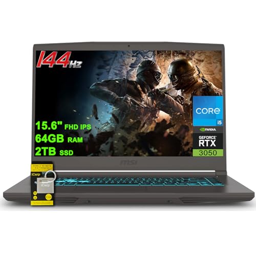 MSI Laptop delgada para juegos de 15.6 pulgadas FHD IPS 144Hz Intel 8-core i5-12450H (Beats i7-11800H) 64GB RAM 2TB SSD GeForce RTX 3050 retroiluminado USB-C Win11 con accesorio ICP