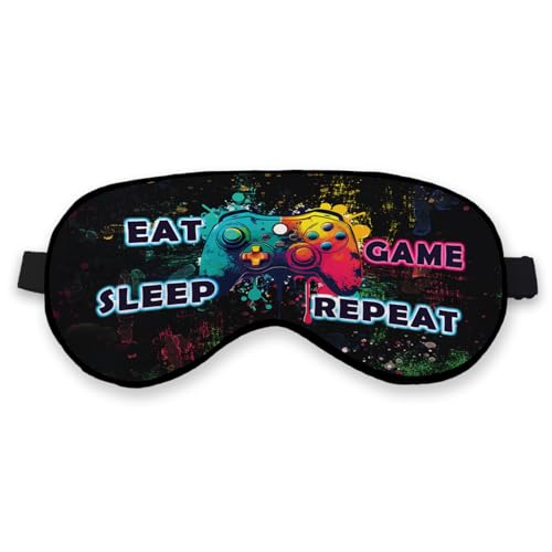 Eat Sleep Game Repeat Sleep Mask アイマスク 男の子 キッズ ティーン ガールズ ゲーマーアイマスク 睡眠用シルク遮光アイマスク カラフルなゲームテーマ 調節可能なストラップ ソフト 軽量 スリープマスク