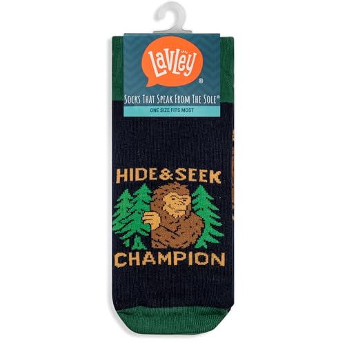 Lavley Hide and Seek Champion Bigfoot Socks - Funny Sasquatch Gift for Men & Women - Cryptid Novelty Socks - One Size Fits Most